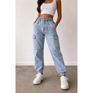 High Rise Denim Cargo Joggers Light Wash Utility Pocket Y2K Streetwear 32x28